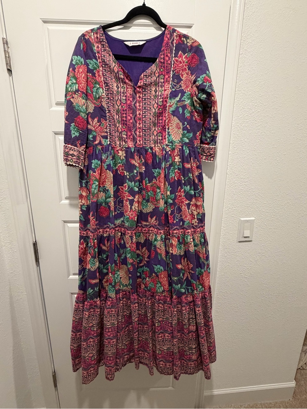 Bohemian Floral Tiered Maxi Dress - Purple 100% Cotton